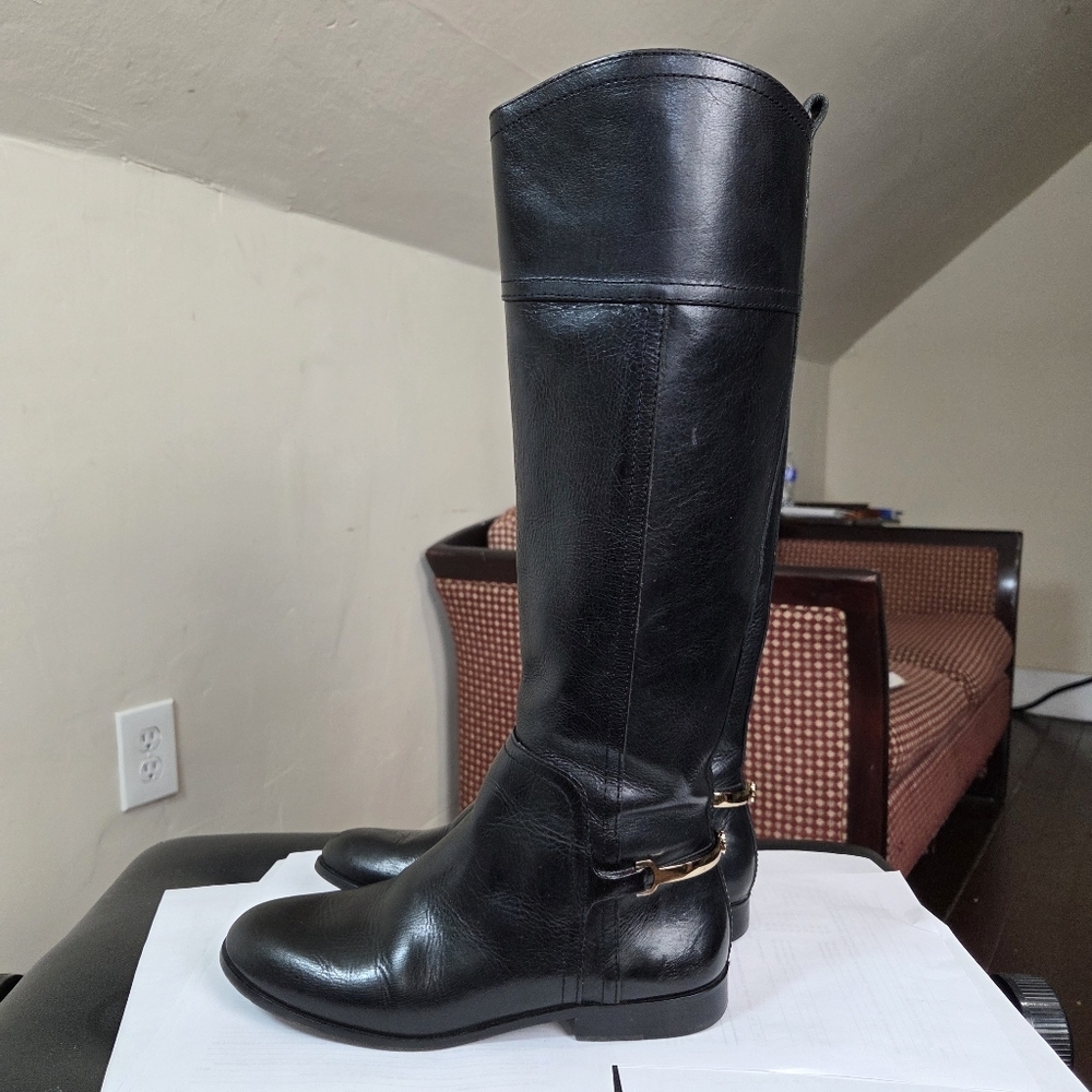 Tory Burch Black Leather Riding Boots 7.5M Gold Logo Hardware Equestrian Tall - Picture 11 of 15